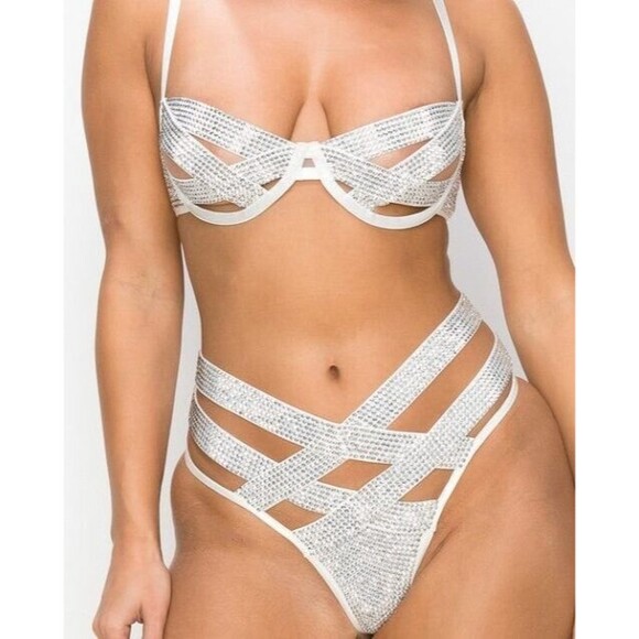 Banjul Rhinestone Embellished Swim Top White Zip Back  L - Picture 2 of 12